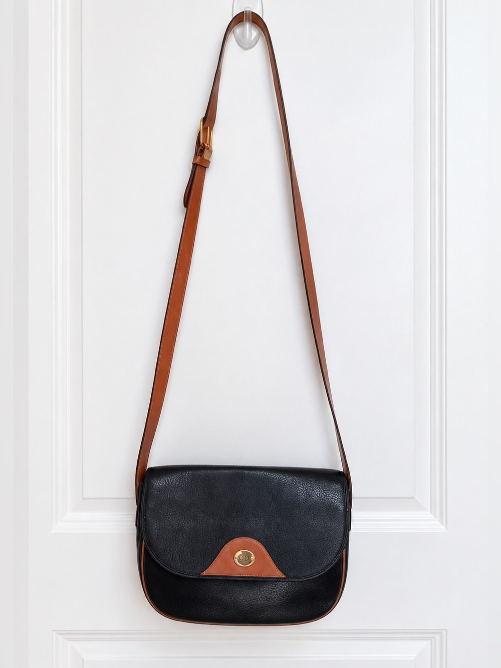 Vintage Christian Dior Black Tan Leather Crossbody Bag Removable Pouch
